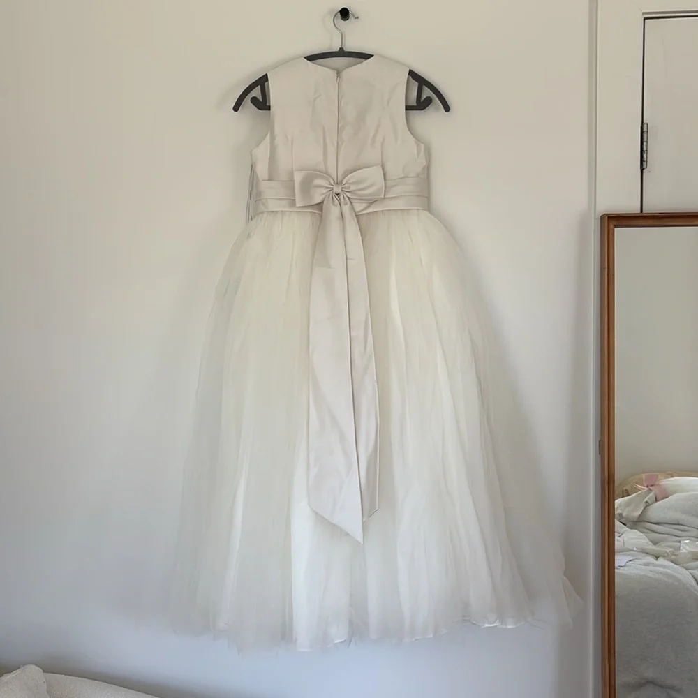 NWT Dessy Girl ivory flower girl dress size 14 satin tulle sash bow